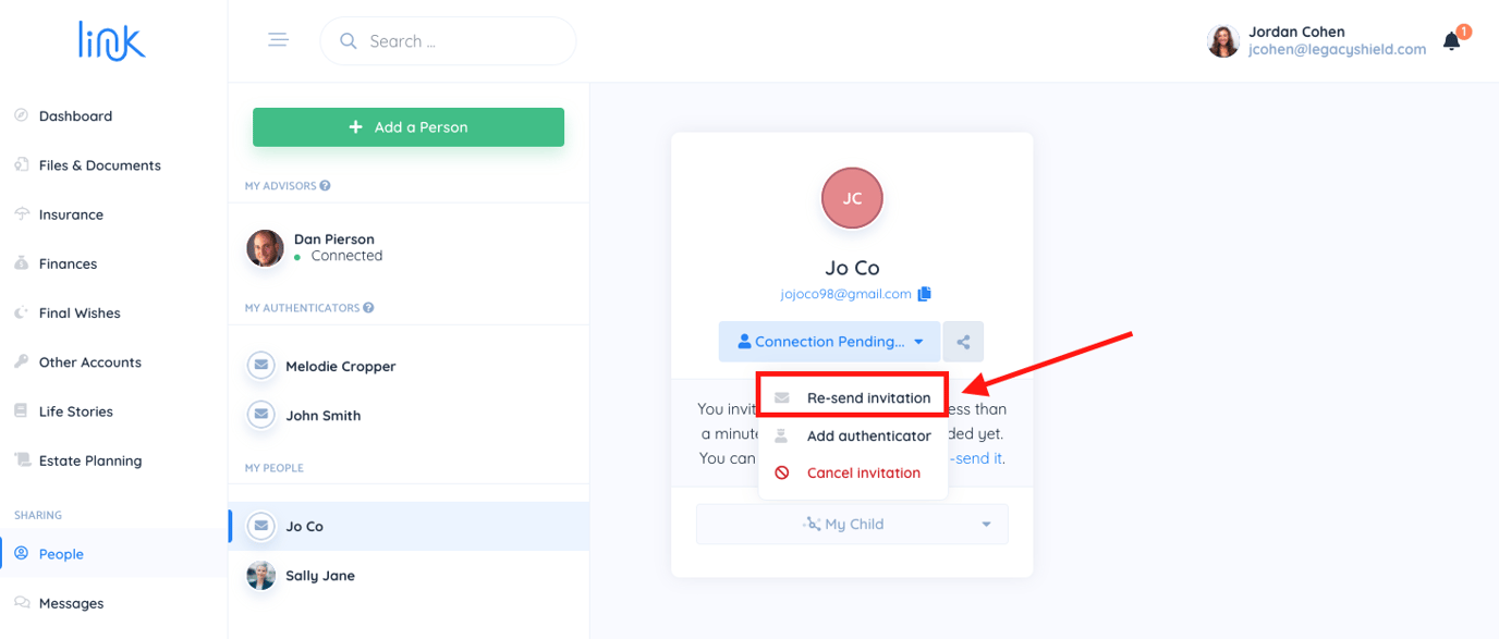 Resend Invitation to a Pending Contact